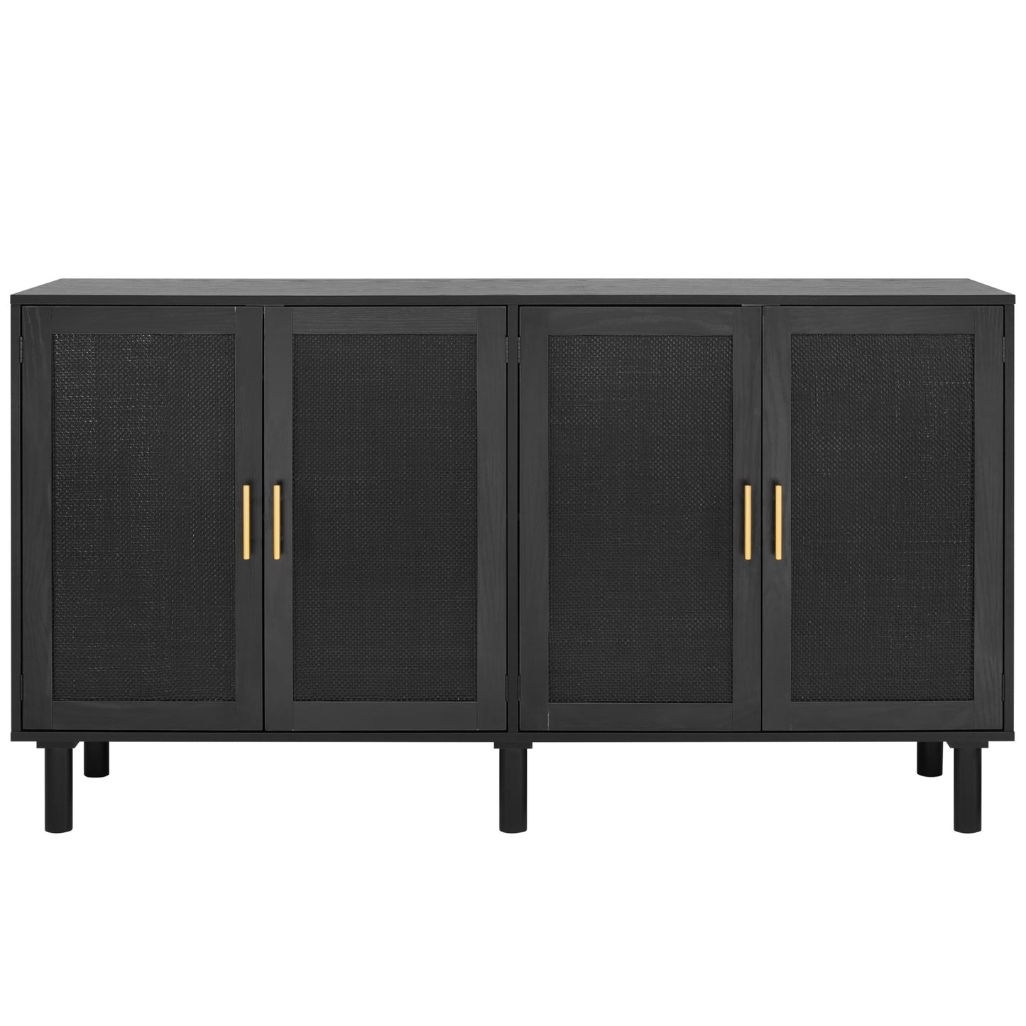 Finnhomy 4 Door Sideboard Buffet Cabinet, Kitchen Storage Buffet with Black Painted Rattan Decorated Doors, Cupboard Console Table, Boho Accent Liquor Cabinet, 62.3X 15.7X 34.6 Inches, Full Black