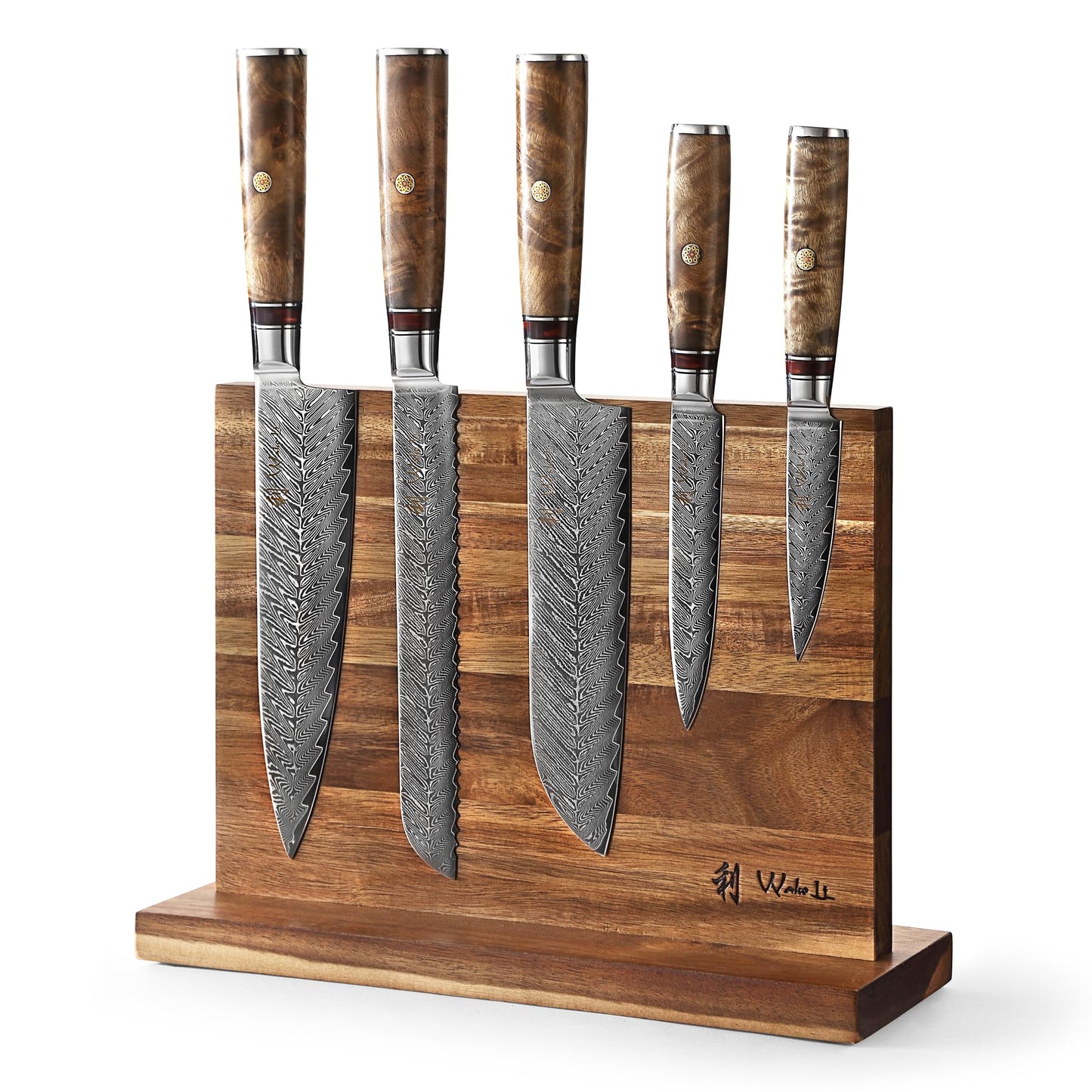 Wakoli Damascus Chef Knife Set with Magnetic Block – 5-Piece Professional Kitchen Knife Block Set, Genuine 67-Layer Damascus Steel Blades with VG10 Core & Ergonomic Sycamore Wood Handles