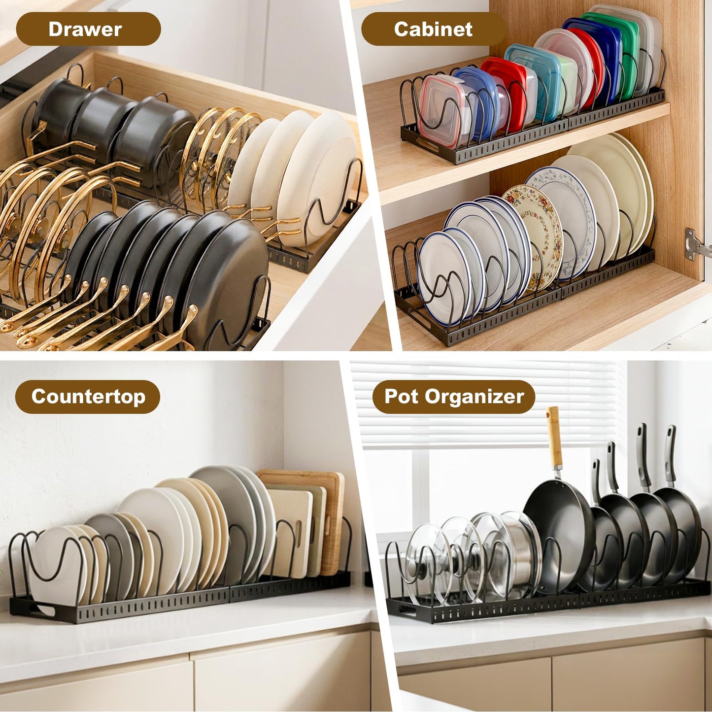 2PACK Expandable (12"-24") Pots and Pans Organizer Under Cabinet with 32 Adjustable Dividers for Kitchen, Pot Lid Organizers Inside Cabinet, Pan Lid Holder, Rust-Resistant Lid Storage, Easy to Clean
