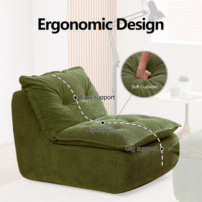 ENYLAY Single Chaise Lounge Chair, 62.2" Lazy Sofa Bean Bag Chair with Ottoman – Modern Boneless Floor Lounger for Bedroom or Living Room, Cozy Cloud Sleeper (Green)