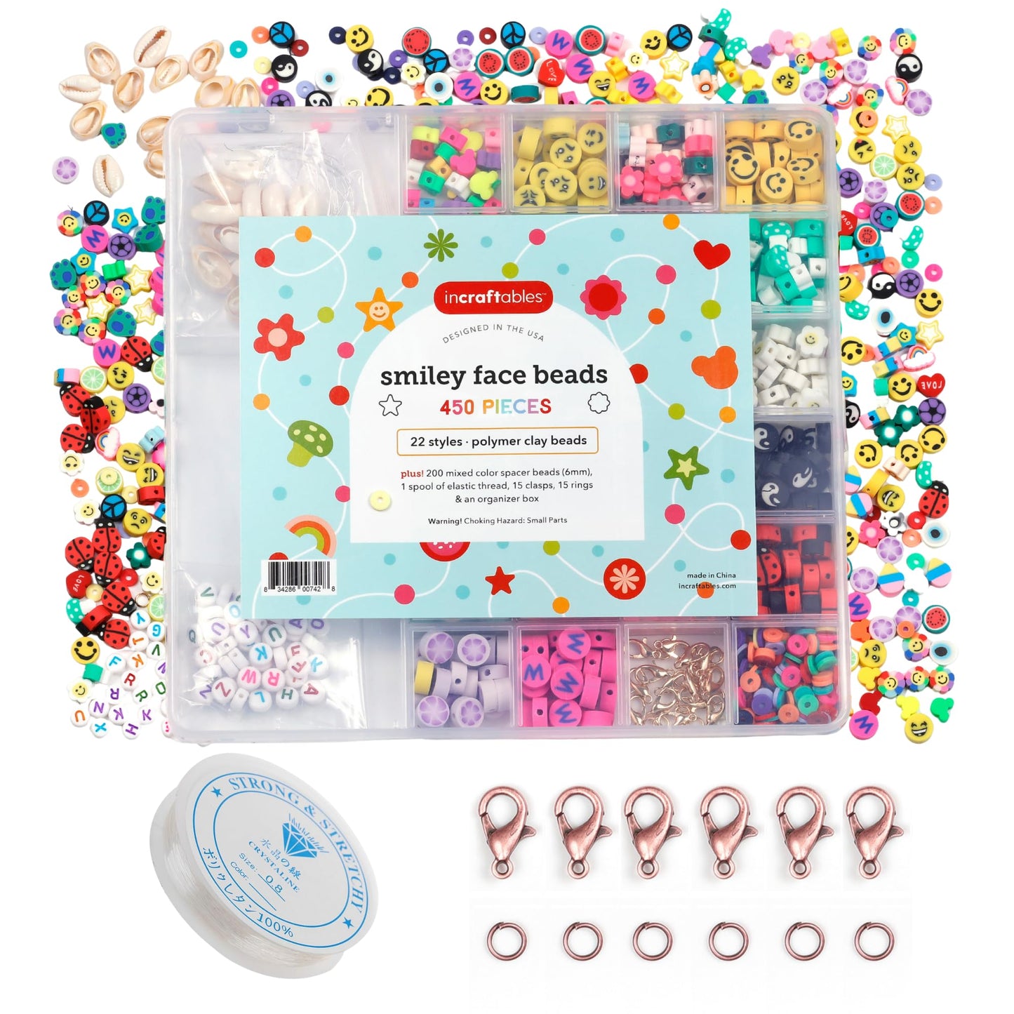 Incraftables Smiley Face Bracelet Kit – 450 Clay Beads with Flowers, Cute Charms & Small Accent Beads – DIY Jewelry Making Kit – Bracelet Supplies for Craft Projects
