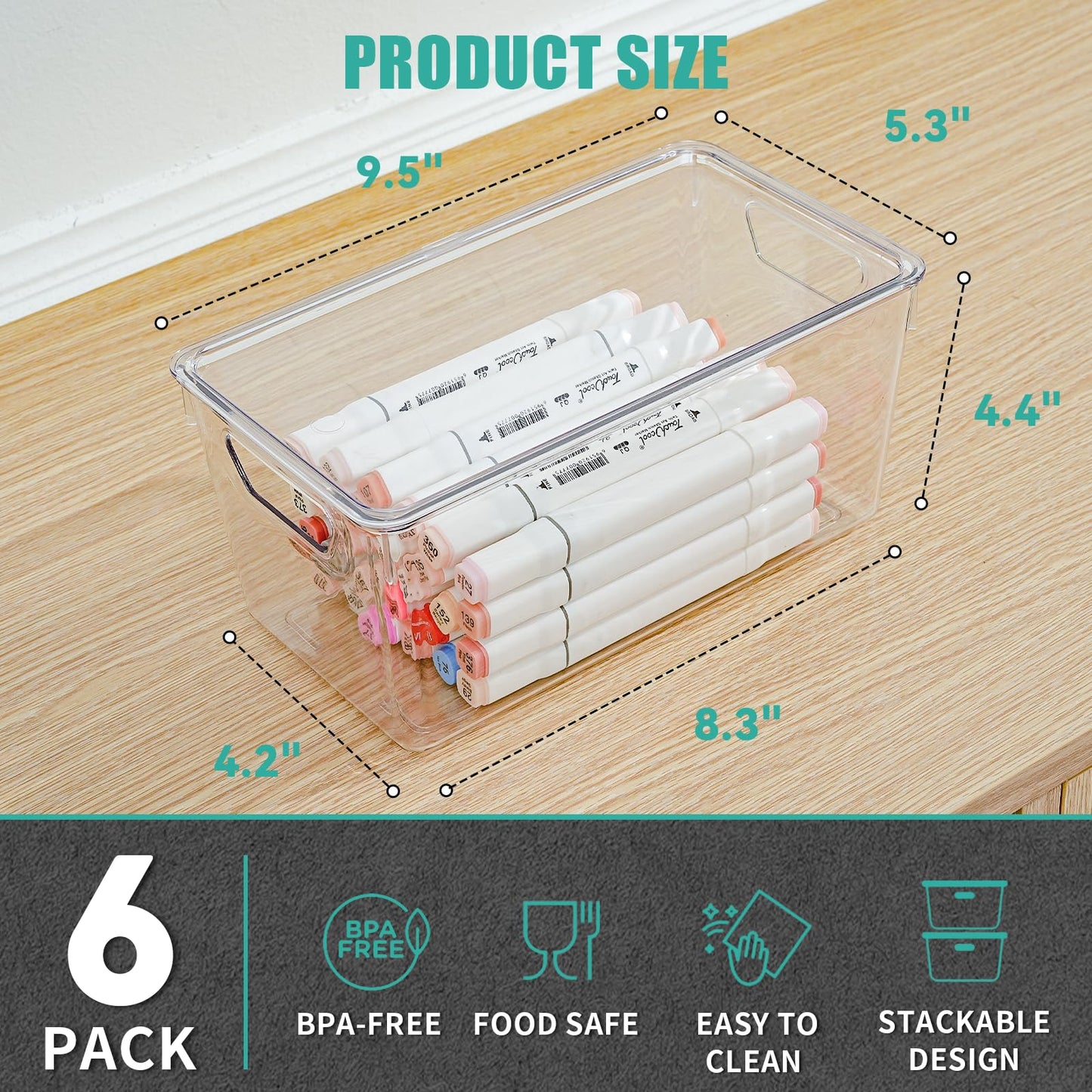 6 Pack Small Clear Storage Bins with Lids, Acrylic Arts and Craft Storage Containers, Stackable Clear Plastic Craft Storage Bins with Handles for Pantry Organizers and Storage, Kitchen, Fridge, Office