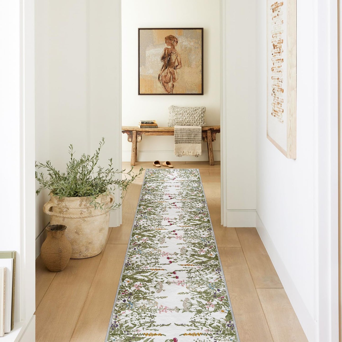 2x10 Artoid Mode Antique Herbs and Wild Floral Runner Rug, Spring Home Decor Low-Profile Non-Slip Washable Area Rug