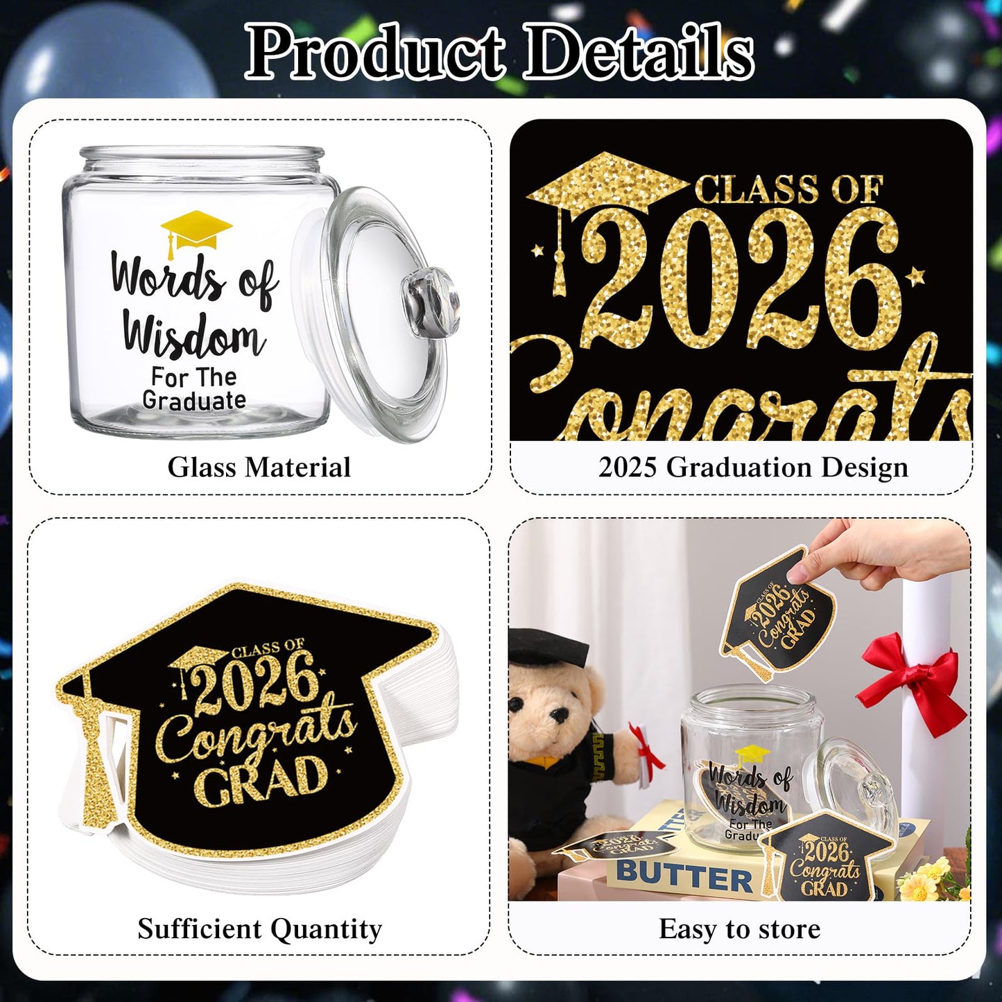 Mimorou 52 Pcs 2026 Graduation Gifts Memory Jar Advice Cards Graduate Party Favors Words of Wisdom Glass Bottle Guest Book Cards with Black Pen Senior School College Graduates Gifts Party Decorations