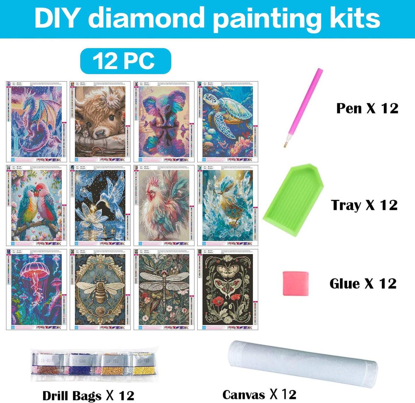 Meothan Multipack Diamond Art Kits for Adults, 12 Pack Animals Diamond Painting Kits for Adults, 5D DIY Round Dimond Gem Art Packs of 12, Home Decor Gift 12x16inch