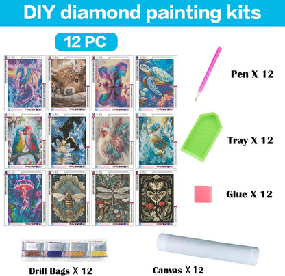 Meothan Multipack Diamond Art Kits for Adults, 12 Pack Animals Diamond Painting Kits for Adults, 5D DIY Round Dimond Gem Art Packs of 12, Home Decor Gift 12x16inch