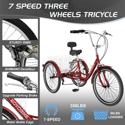 EOYOBIKE Adult Tricycle 3-Wheel Cruiser Bike, Low Step-Through, Heavy-Duty Comfort Trike with Adjustable Handlebar & Spring Saddle, Large Rear Basket, for Seniors & Adults (Merlot Velvet, 26" Tire)