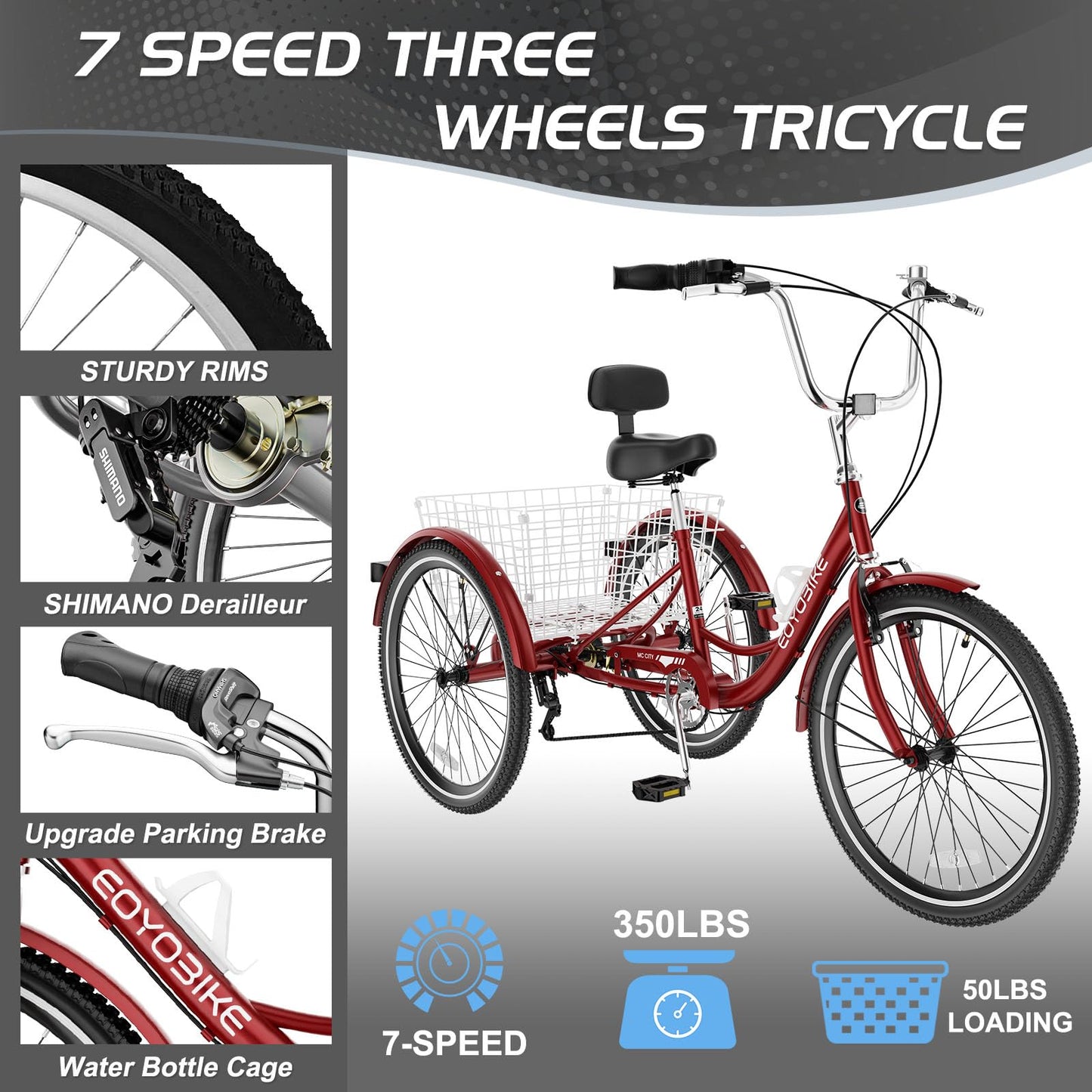 EOYOBIKE Adult Tricycle 3-Wheel Cruiser Bike, Low Step-Through, Heavy-Duty Comfort Trike with Adjustable Handlebar & Spring Saddle, Large Rear Basket, for Seniors & Adults (Merlot Velvet, 20" Tire)