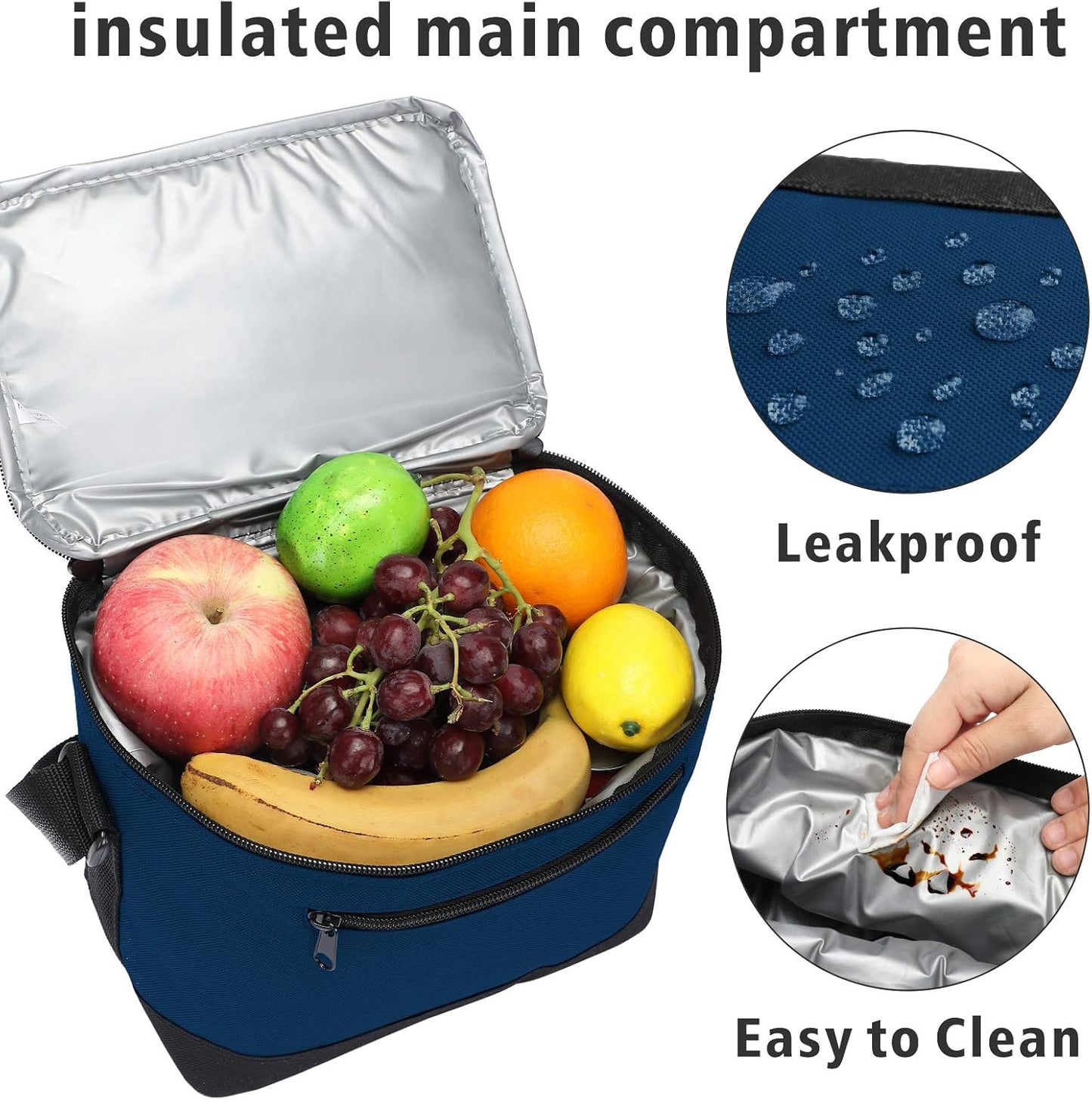 BuyAgain Navy Blue Lunch Bag, 600D Poly Small 6 Can Insulated Reusable Cooler Bag with PEVA Water-resistant Lining