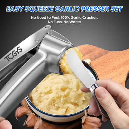 TOGYS Heavy Duty Stainless Steel Garlic Press - Professional Grade Garlic Mincer & Crusher with Ergonomic Soft Grip Handle, Dishwasher Safe, Rust-Proof - Easy to Clean Kitchen Gadget for Cooking