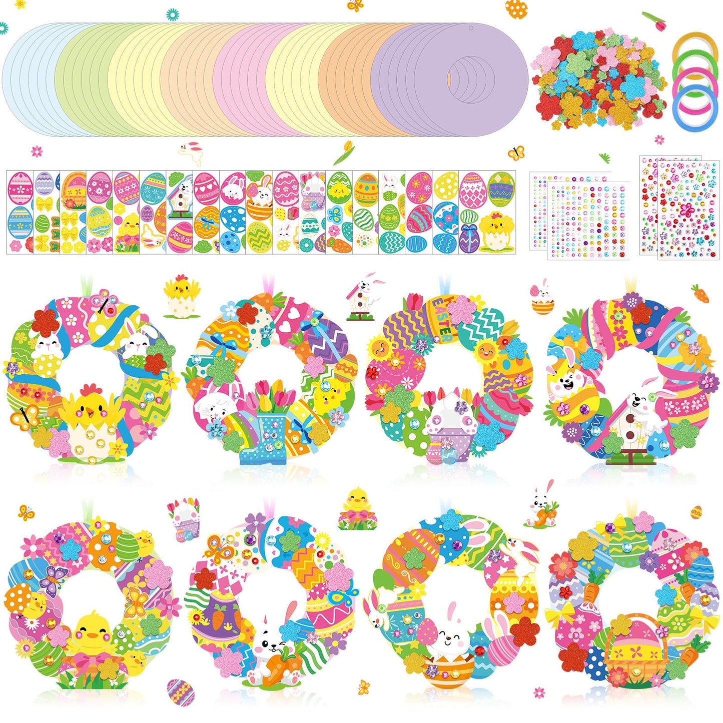 Hollowfly 48 Sets Easter Wreath Craft Kits DIY Wreath Hanging Ornaments Make Your Own Paper Craft with Stickers for Home Party Activities