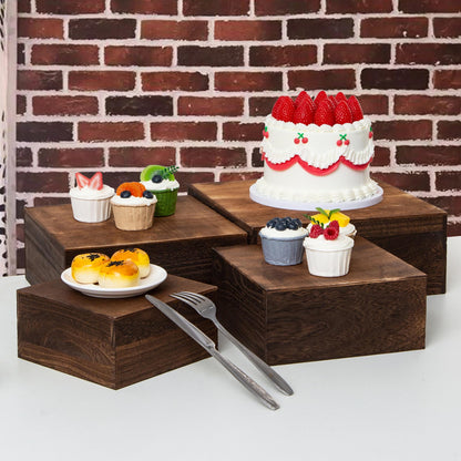 WEASATRY 4 pieces wooden cake stands,antique brown cupcake stands for display,12 inches square wooden crates ,wood display risers for wedding,birthday party,Christmas,etc. (Antique Brown)