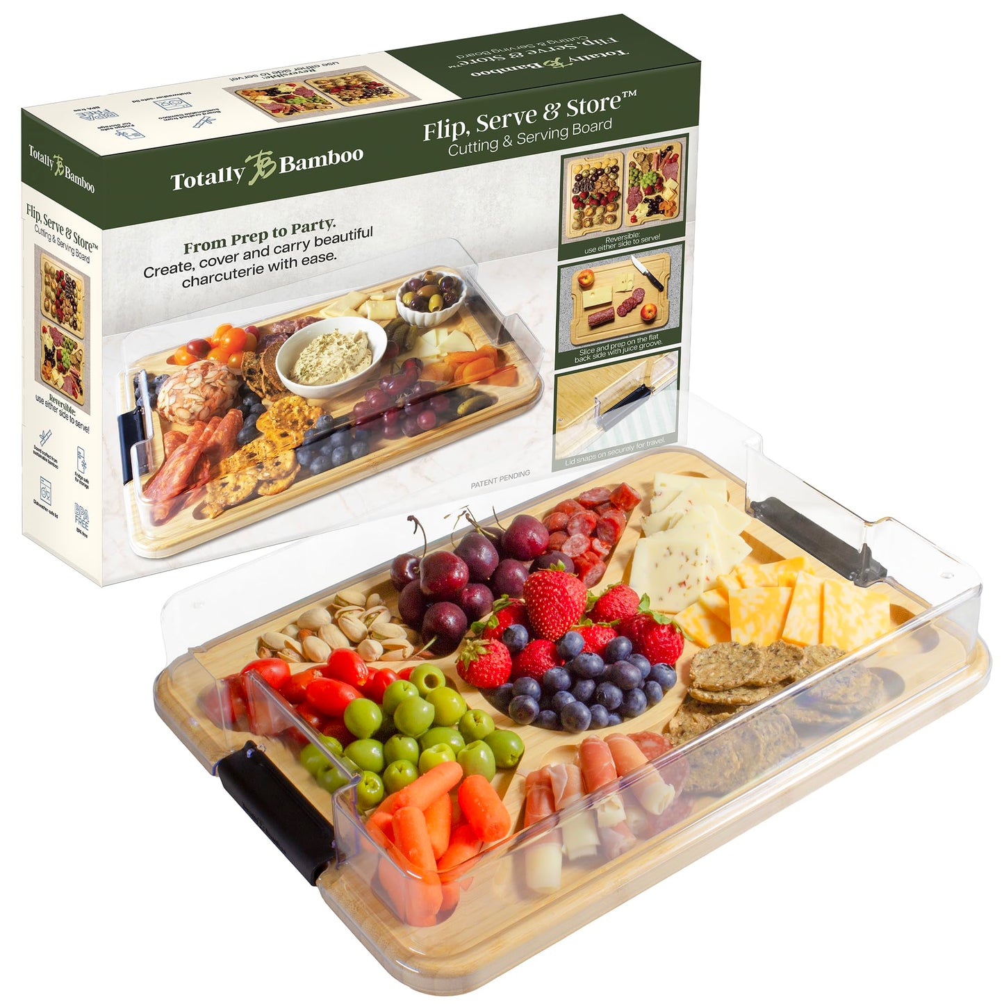 Totally Bamboo Flip, Serve & Store Charcuterie Board with Lid – Reversible Cutting Board & Serving Tray with Compartments, Juice Groove Side, Locking Travel Cover, 15.5 x 11.5 Inches