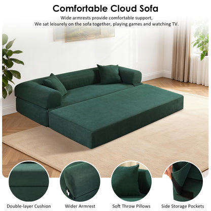 80" Convertible Sofa Bed, 3-in-1 Corduroy Folding Pull Out Couch with Pillows, No Assembly Modern Boneless Couch Compression Sofa in Box, Floor Sofa with Side Storage Pocket for Living Room,Dark Green
