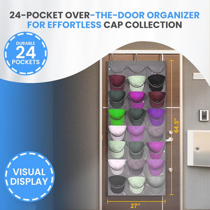 Premium Hat Rack Organizer for Wall or Door, 24 Clear Deep Pockets for Caps, Hooks Included