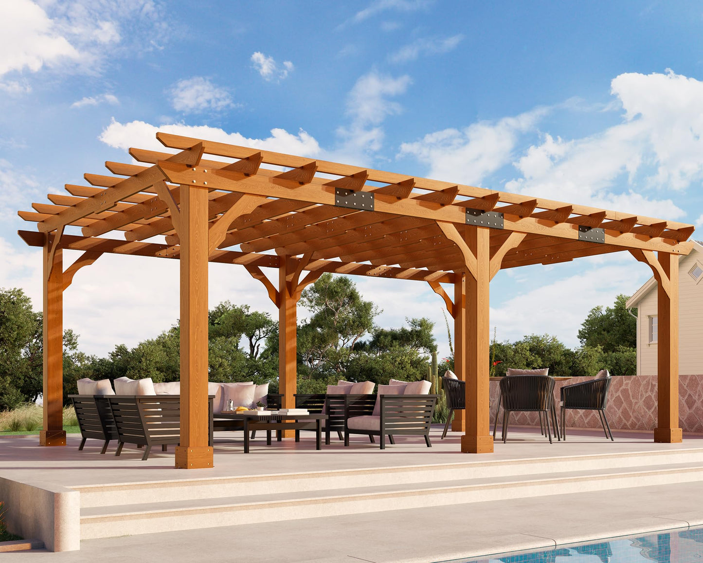 Jocisland 12x20 FT Premium Cedar Wood Pergola with Trellis Roof & Weather-Resistant Support, Outdoor Pergola Kit with Stakes, Garden Gazebo for Patio, Backyard & Events, Reddish-Brown