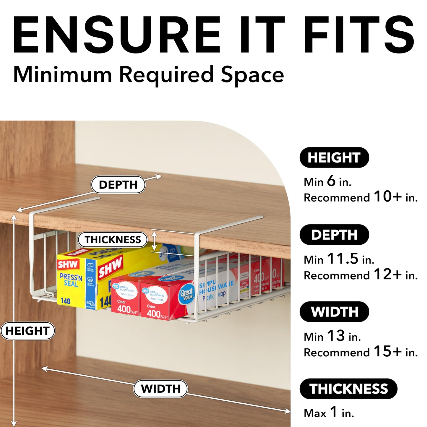 Simple Houseware Under Shelf Basket, White – 2-Pack Space-Saving Storage Organizer for Kitchen, Pantry, Closet, Office – Wire Metal Shelf Organizer, No Tools Required