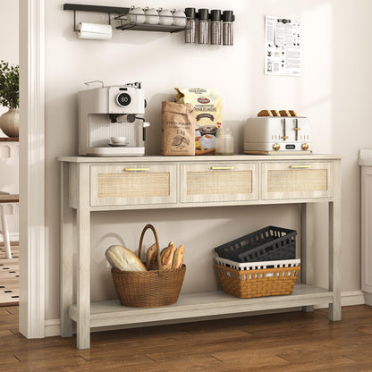 ELYKEN Rattan 51.2" Console Table with 3 Drawer, Entryway Table with Drawer & Shelf, Boho Sofa Table Behind Couch Foyer for Living Room, Hallway, Natural Wood