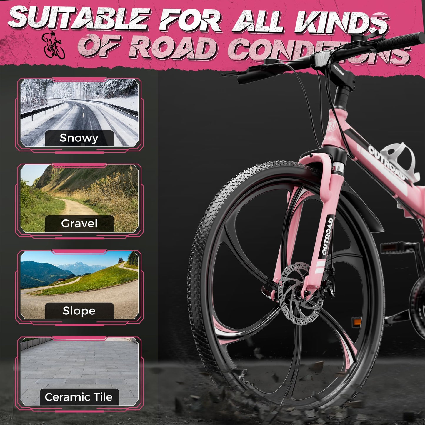 Outroad 26 Inch Folding Mountain Bike for Adults/Men/Women, 21 Speed Full Suspension High-Carbon Steel MTB Foldable Bicycle, Dual Disc Brake Non-Slip Folding Bikes, Pink