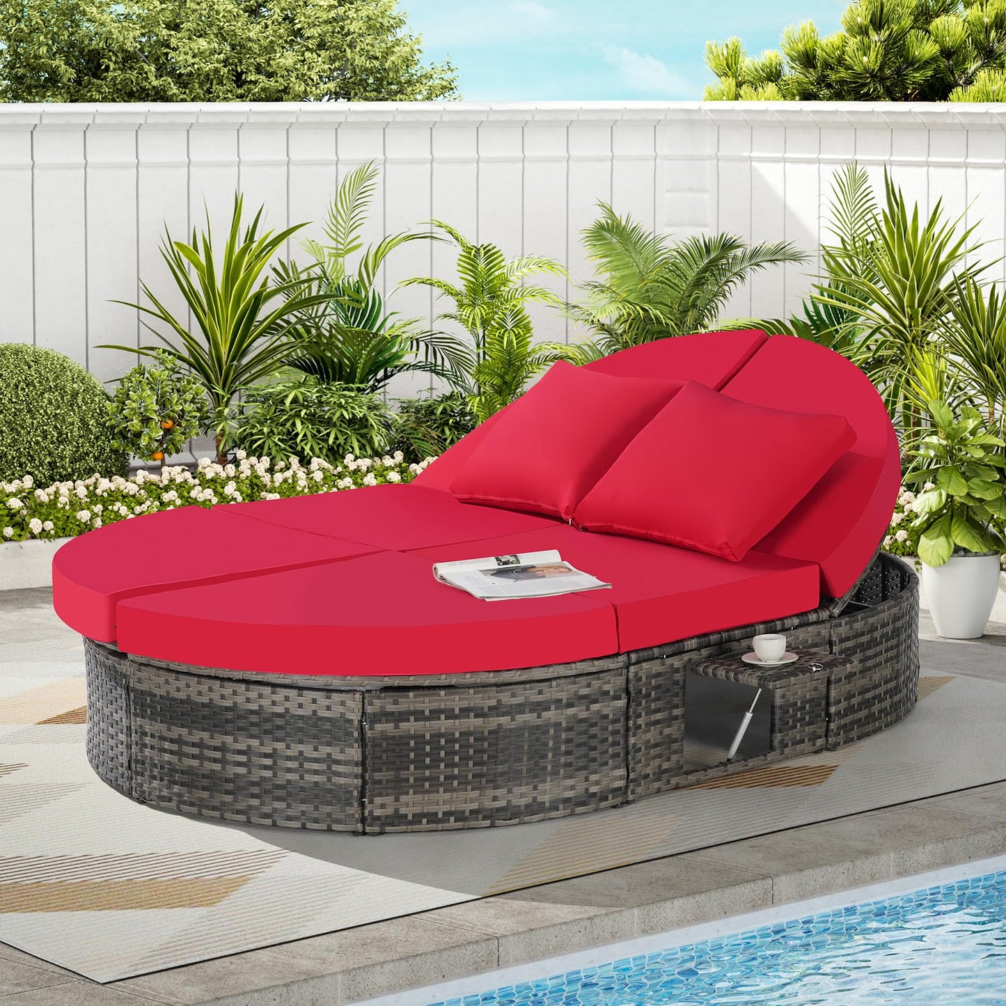 Bituman Luxury Round Patio Daybed with Pillows, Foldable Wicker Sun Lounger Featuring Adjustable Backrests & Cup Holders, 600lbs Heavy Duty Steel Frame, Fully Assembled Outdoor Furniture for Poolside