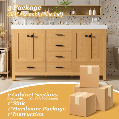 GDFStudio 59.3" Bathroom Vanity with Double SMC Resin Sink, Solid Wood Frame & MDF Cabinet, 4 Doors & 5 Soft-Close Drawers, Adjustable Shelves, Black Handles, Modern Wood Grain Finish