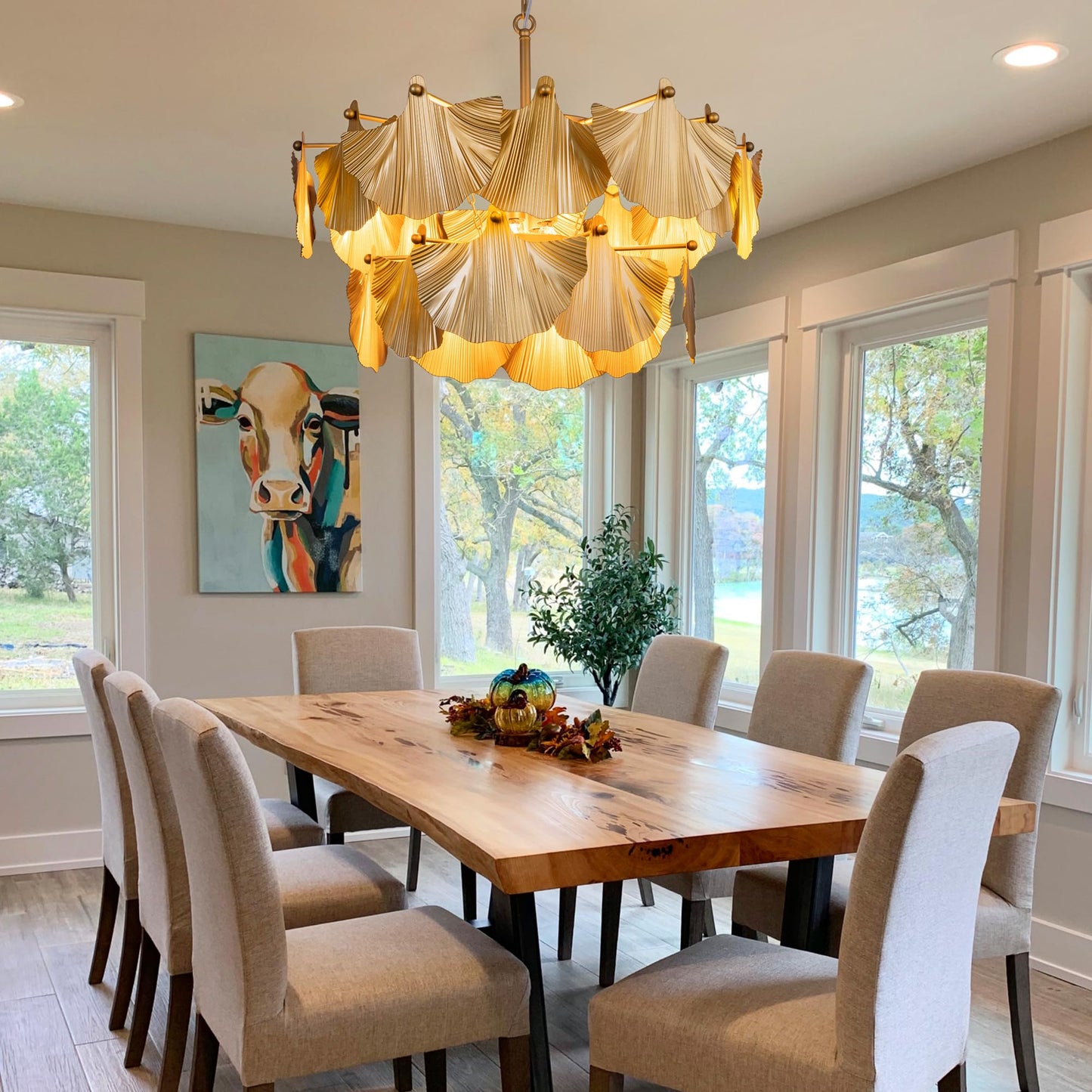 TOCHIC Gold Vintage Chandelier, 8 Lights Rustic Chandeliers for Dining Room, Modern Farmhouse Chandelier with Ginkgo Leaves, Ceiling Light Fixture for Living Room Bedroom Entryway W-25.98"