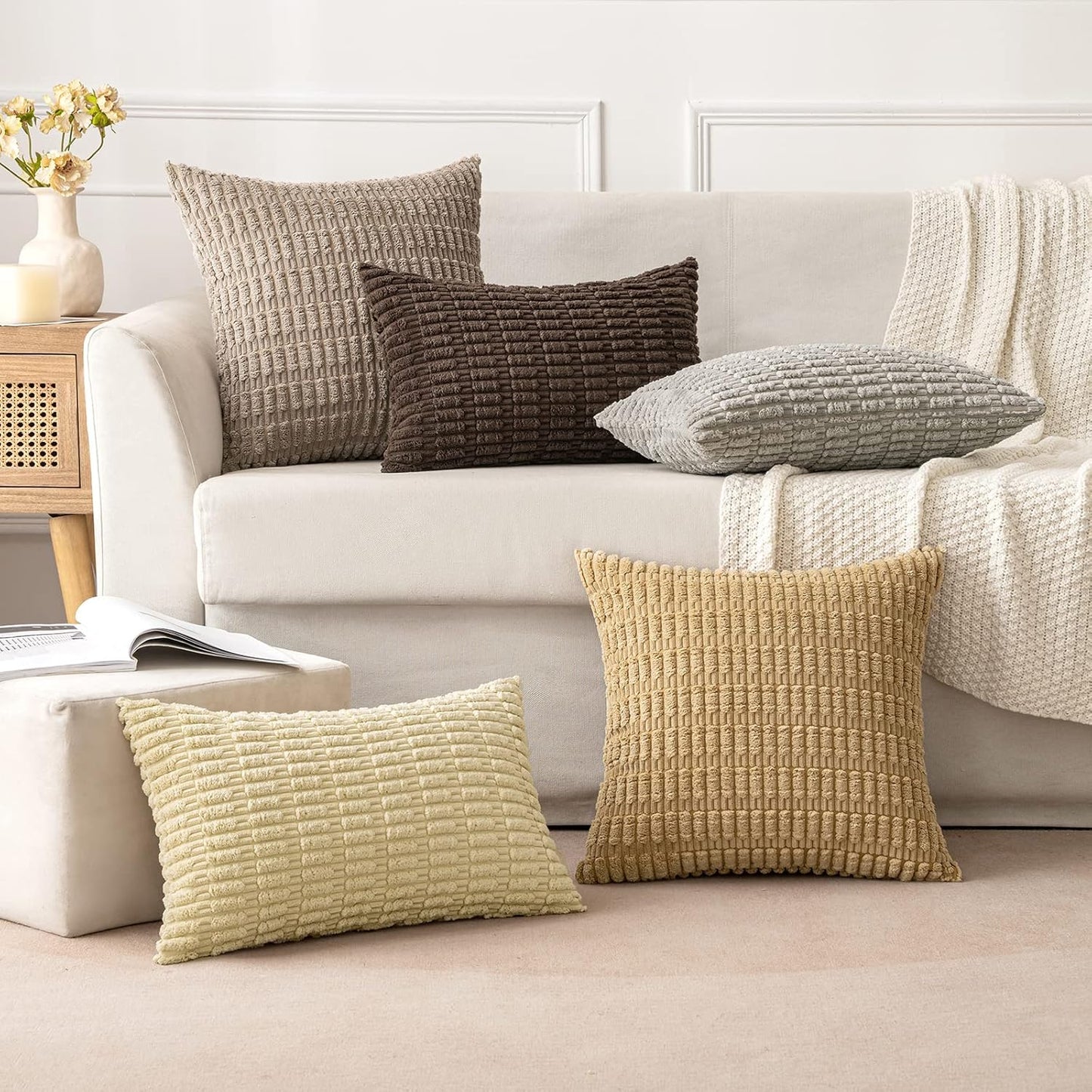 MIULEE Corduroy Decorative Throw Pillow Covers - Soft Boho Striped Design, 20x20 Inch, Light Brown | Modern Farmhouse Decor for Sofa & Couch