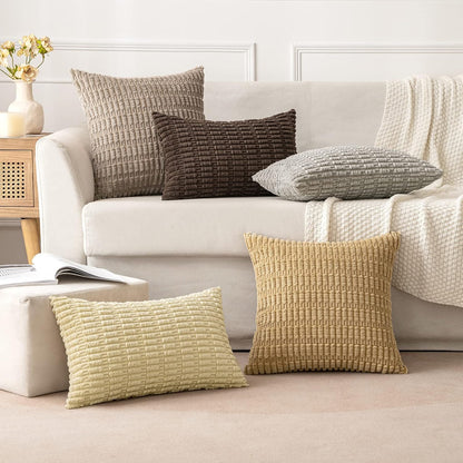 MIULEE Corduroy Decorative Throw Pillow Covers - Soft Boho Striped Design, 20x20 Inch, Light Brown | Modern Farmhouse Decor for Sofa & Couch
