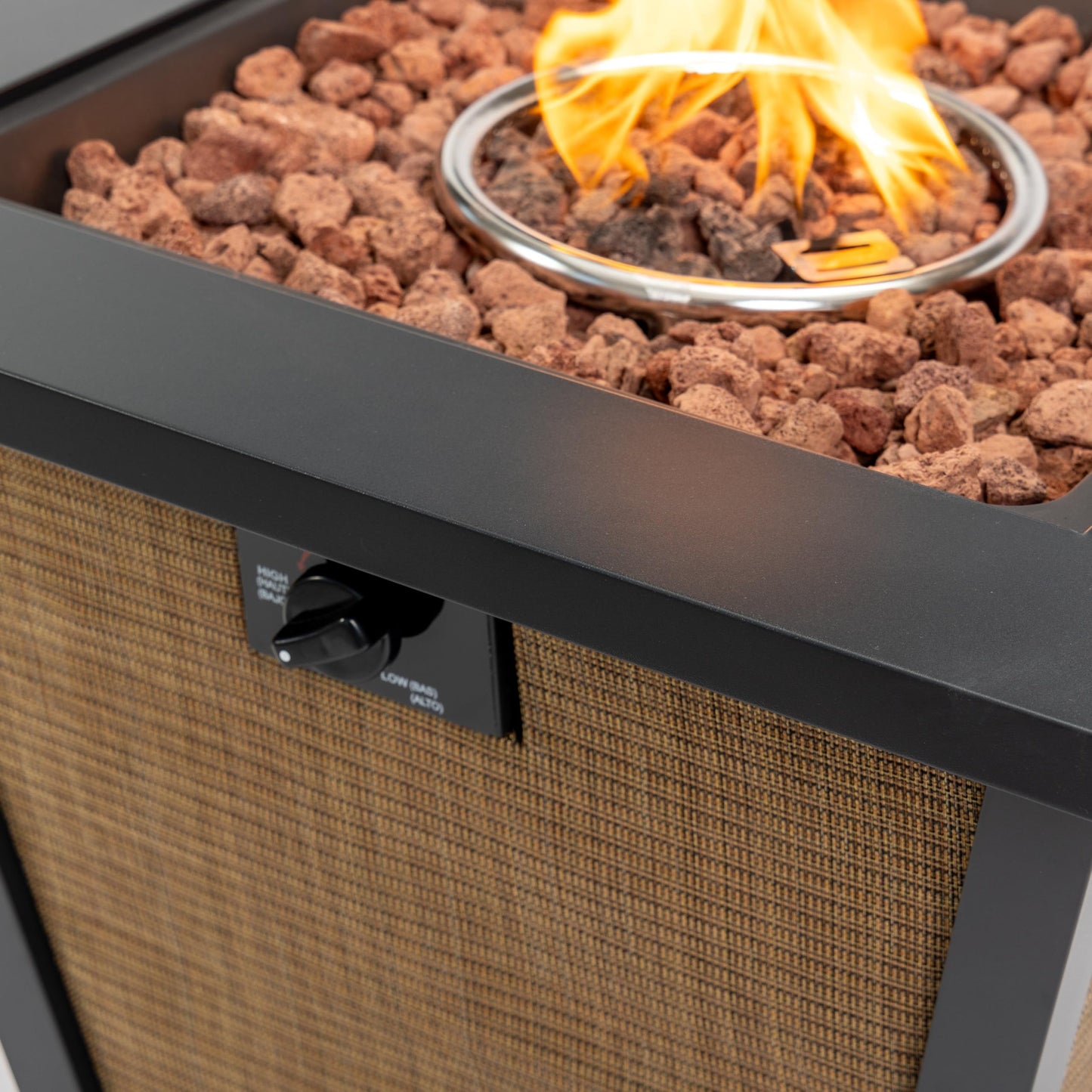 28" Propane Gas Fire Pit Table, 50000 BTU Square Outdoor Fire Pit with Steel Tabletop & Textilene Base, Patio Fire Table with Lid, Lava Rocks & Rain Cover for Backyard Deck Garden, Brown