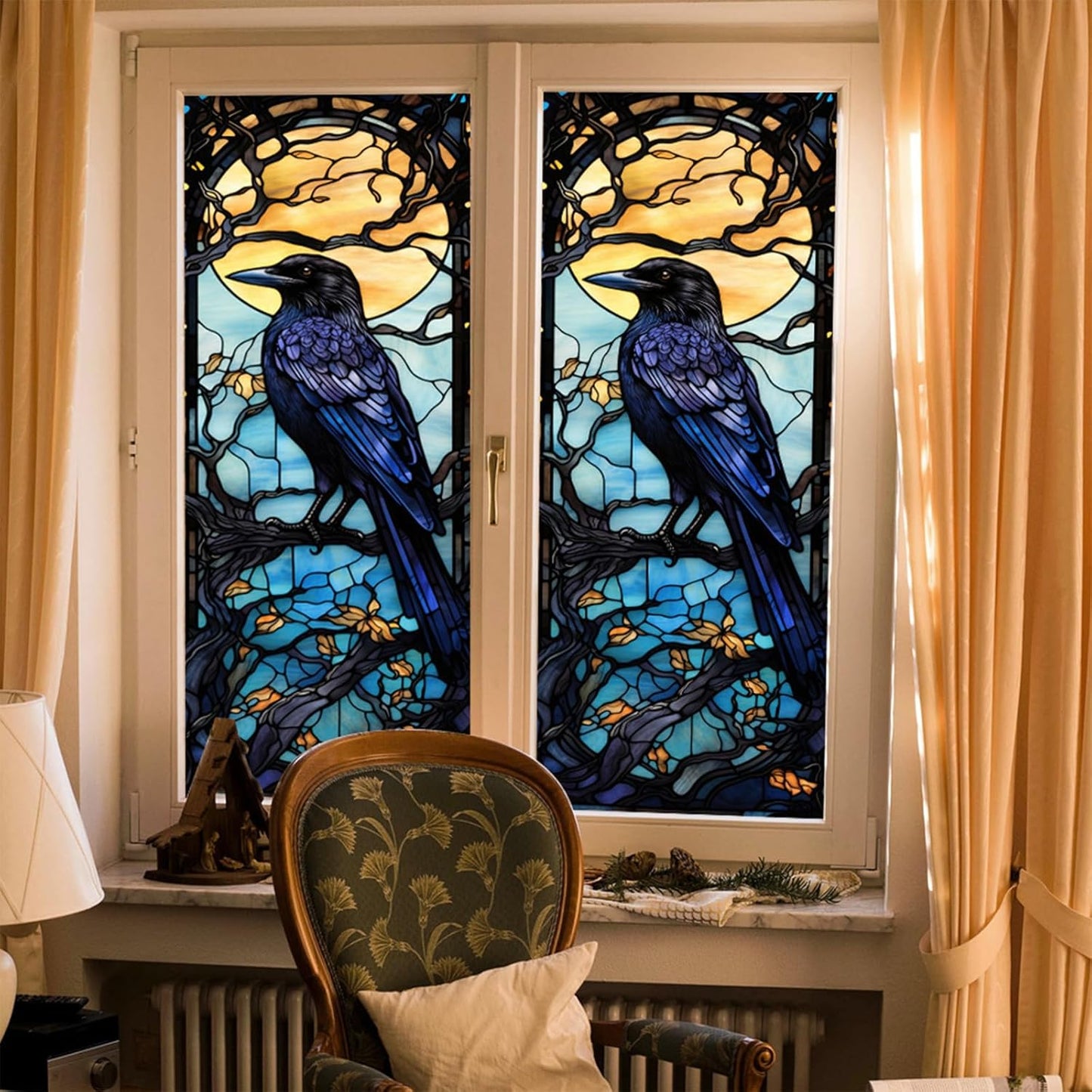 Window Privacy Film, Crow Stained Glass Window Film, Frosted Glass Cling, Heat Blocking Static Cling, 17.7"x39.5"