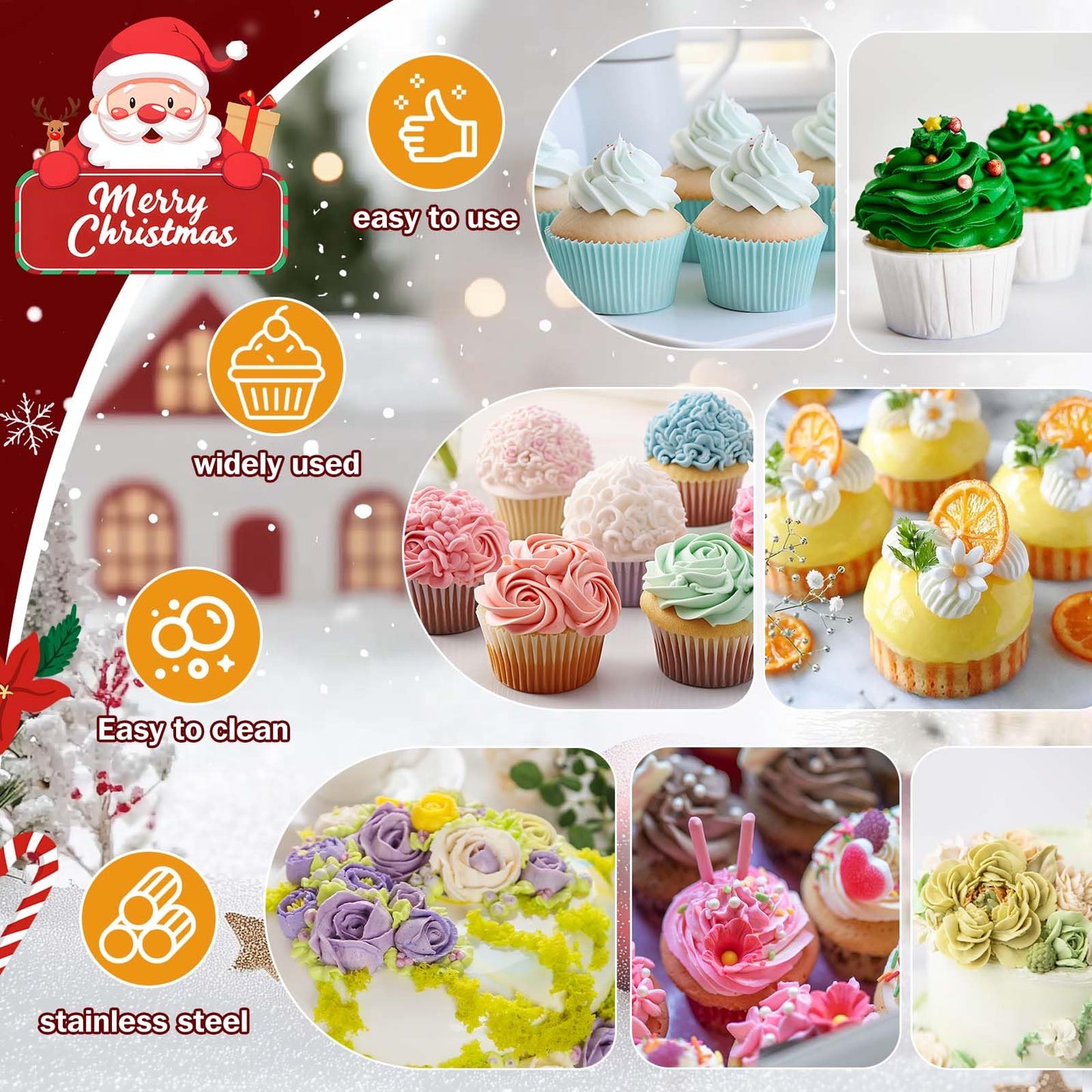 Dualshine Dessert Decorating Syringe Set, Frosting Piping Kit, Stainless Steels Icing Piping Kit, Cake Decorating Tools 6 Russian Piping Icing Nozzles Cupcake Piping Kit Christmas Baking Gifts