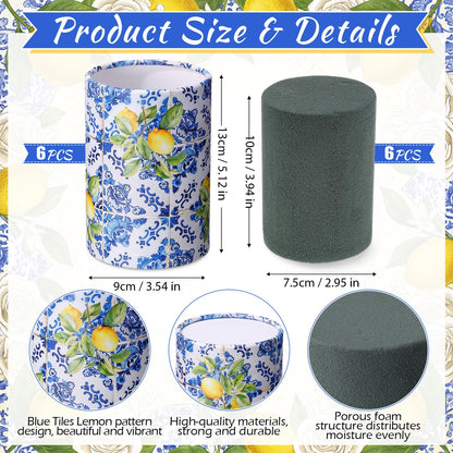LemonRoad 6 Sets Blue Tiles Lemon Table Centerpiece for Wedding Amalfi Coast Cylinder Flower Boxes with Floral Foam Blocks Capri Mediterranean Positano Decorations Birthday Party Home Decor