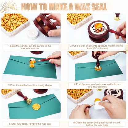 Yagugu Wax Seal Stamp Kit - 357Pc Set with Wax Beads, Seal Stamp, Warmer, Spoon, Candles for Vintage Envelopes & Letters - Gold