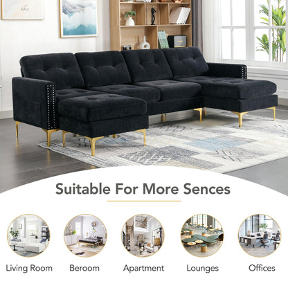 P PURLOVE Velvet Modern Large Sectional Sofa, U Shape Upholstered Couch with Chaise, Convertible Sofa Couch with Movable Ottoman for Living Room Apartment (Black)