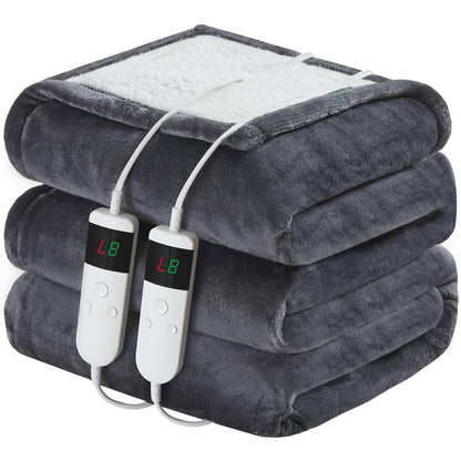 Electric Heated Blanket Queen Size 84''x90'' Soft Flannel & Sherpa Electric Blanket with 10 Heating Levels, Automatically Shut Down After 8h with Overheat Protection Machine Washable