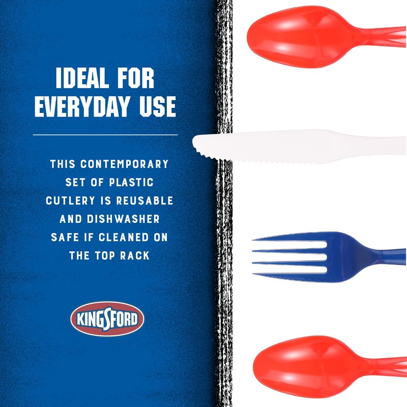 Kingsford Assorted Plastic Cutlery Set, Full Size Disposable Forks Knives & Spoons, Heavy Duty Reusable Dishwasher Safe Utensils for BBQ, Picnics, Parties & Daily Meals, Red White Blue, 75 Ct - 12 Pk