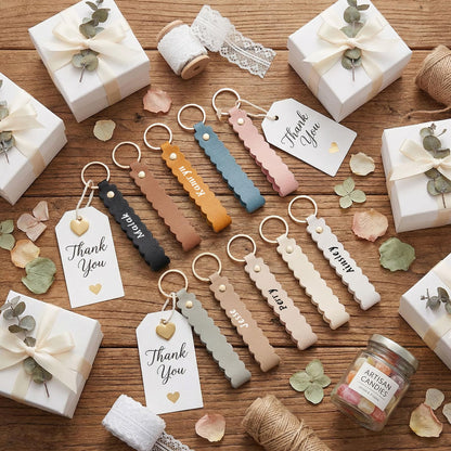Wavyknot 50 Pcs Scalloped PU Leather Keychain Wave-edged Blanks Laser Engraving Blanks Loop Keychain Kit Bulk with Key Rings 5.51" x 0.79" for DIY Key Chains Craft, Anniversary, Birthday Gift