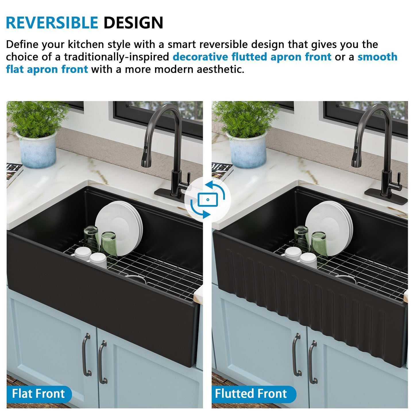 Fulorni 33"x20" Black Farmhouse Sink Workstation – Reversible Apron Front with Ledge, Matte Black Porcelain Ceramic Fireclay Single Bowl Farm Kitchen Sink Basin