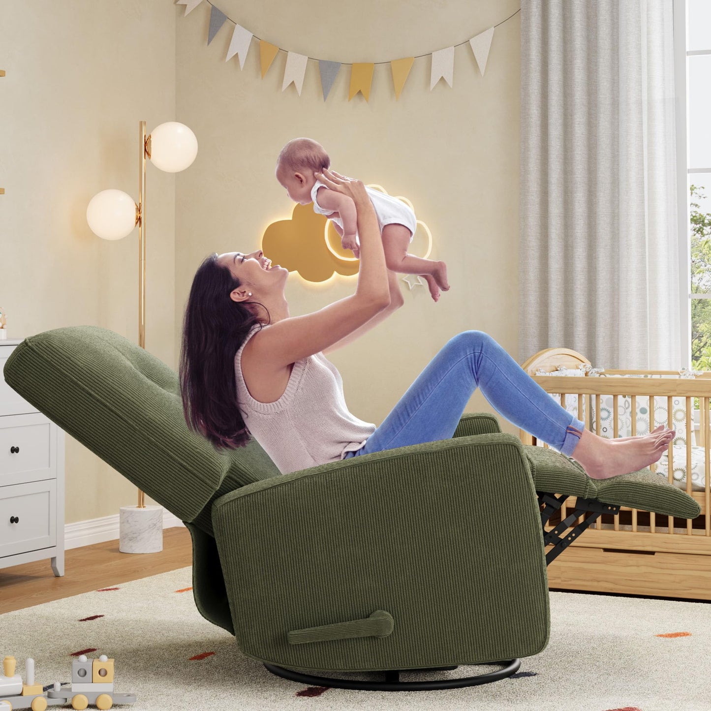 GarveeHome Recliner Chairs, Swivel Rocker Recliner, Glider Recliner Nursery Chair for Adults, 360° Swivel Glider Rocking Chair for Living Room, Bedroom, Office, RV, Small Spaces, Corduroy, Green