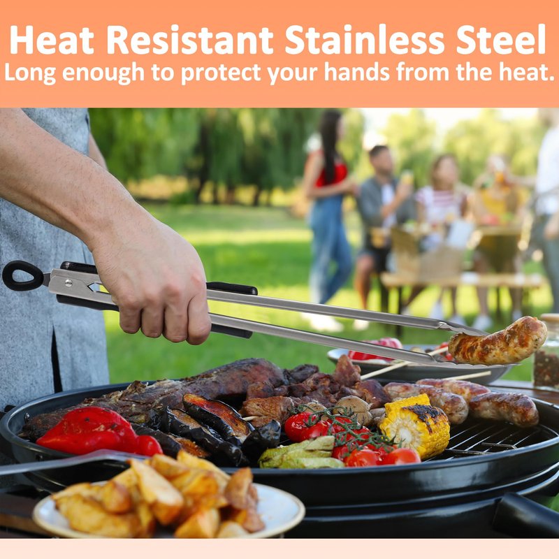 17-Inch Long Wood-Handled Grill Tongs, Stainless Steel Metal Tongs for Cooking, Grilling, Charcoal, Barbecue/BBQ, Buffet