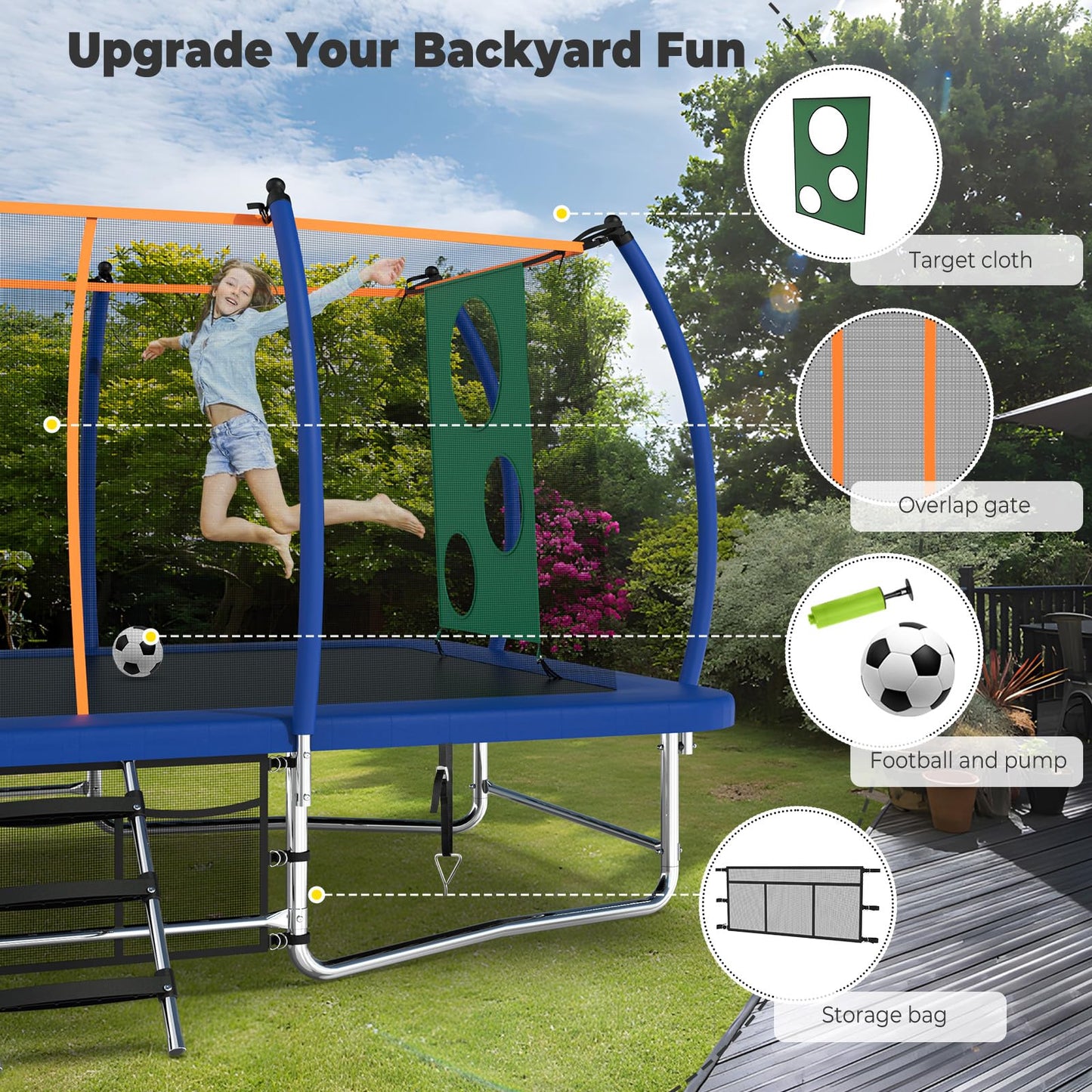 Lyromix 16FT Outdoor Rectangle Trampoline for Kids and Adults, Rectangular Trampoline with Curved Poles, Pumpkin Trampolin with Light, Sprinkler, Soccer and Storage Bag