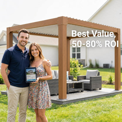 10x10FT Louvered Pergola, Modern Style Outdoor Pergola with Adjustable Louvered Roof, Reinforced Aluminum Frame, Integrated Drainage System, Hardtop Gazebo for Patio, Deck, Wood Grain