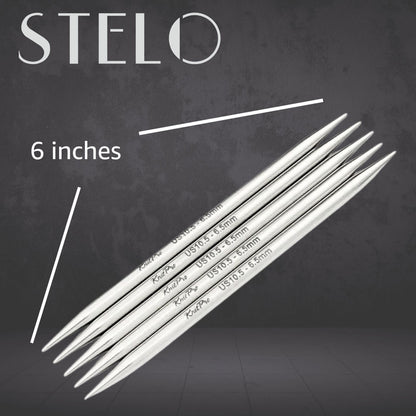 KnitPro Stelo Lace DPN Double Pointed Knitting Needles 6" (15cm) US 10 (6mm) Stainless Steel, Precision Tapered Tips, Smooth Yarn Glide, Ideal for Socks, Hats, & Sleeves, Incl. 10 Stitch Markers