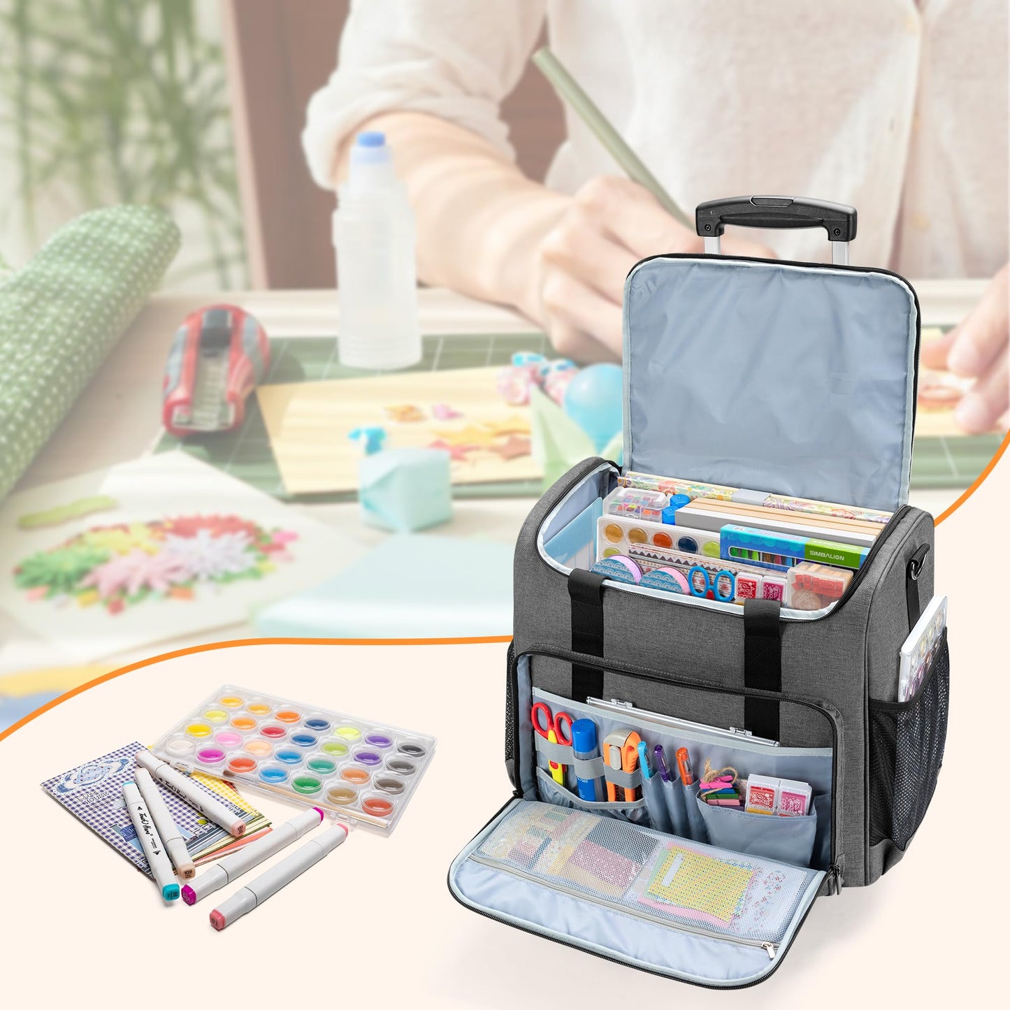 Trunab Rolling Scrapbook Tote Craft Organizers and Storage with Wheels, Craft Bag for 12 X 12 inch Scrapbook Album and Laptop, for Women