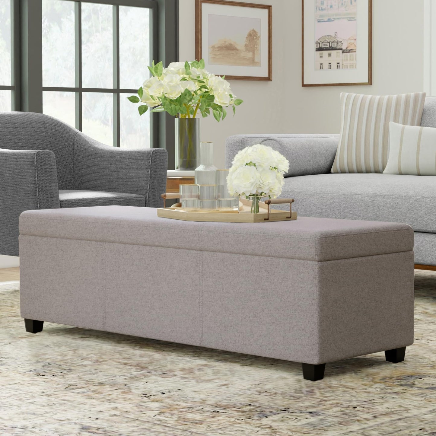 SIMPLIHOME Avalon Extra Large Storage Ottoman Bench - 54 inch Wide Upholstered Linen Look Fabric Rectangular Lift-Top Ottoman in Cloud Grey, Contemporary Bench for Living Room with Hidden Storage