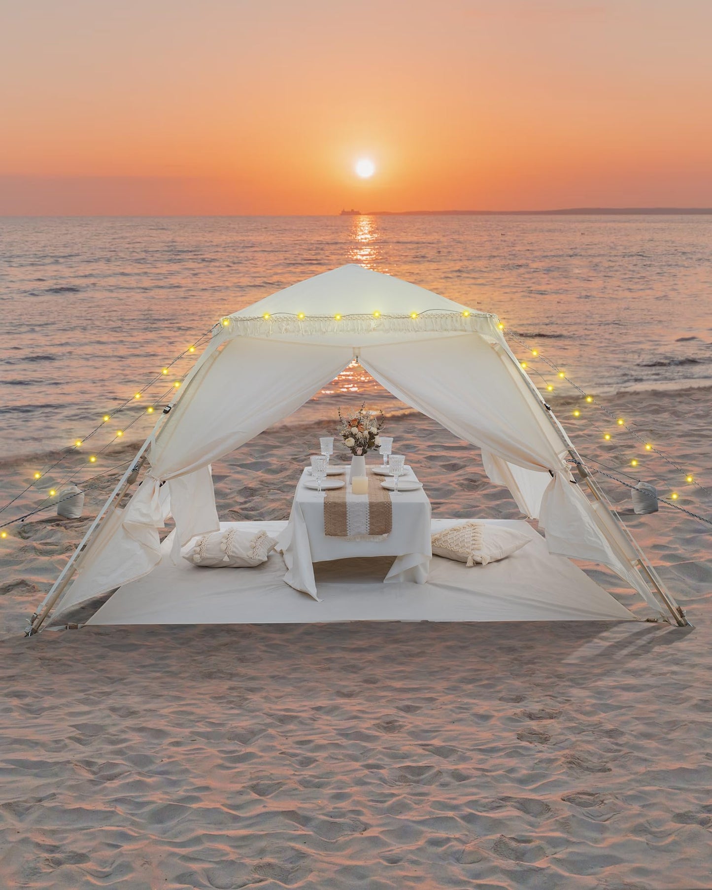OutdoorMaster Pop Up Beach Tent with Fringe for 4 Person, Easy Setup and Portable Beach Shade Sun Shelter Canopy with UPF 50+ UV Protection, 11MM Thick Pole