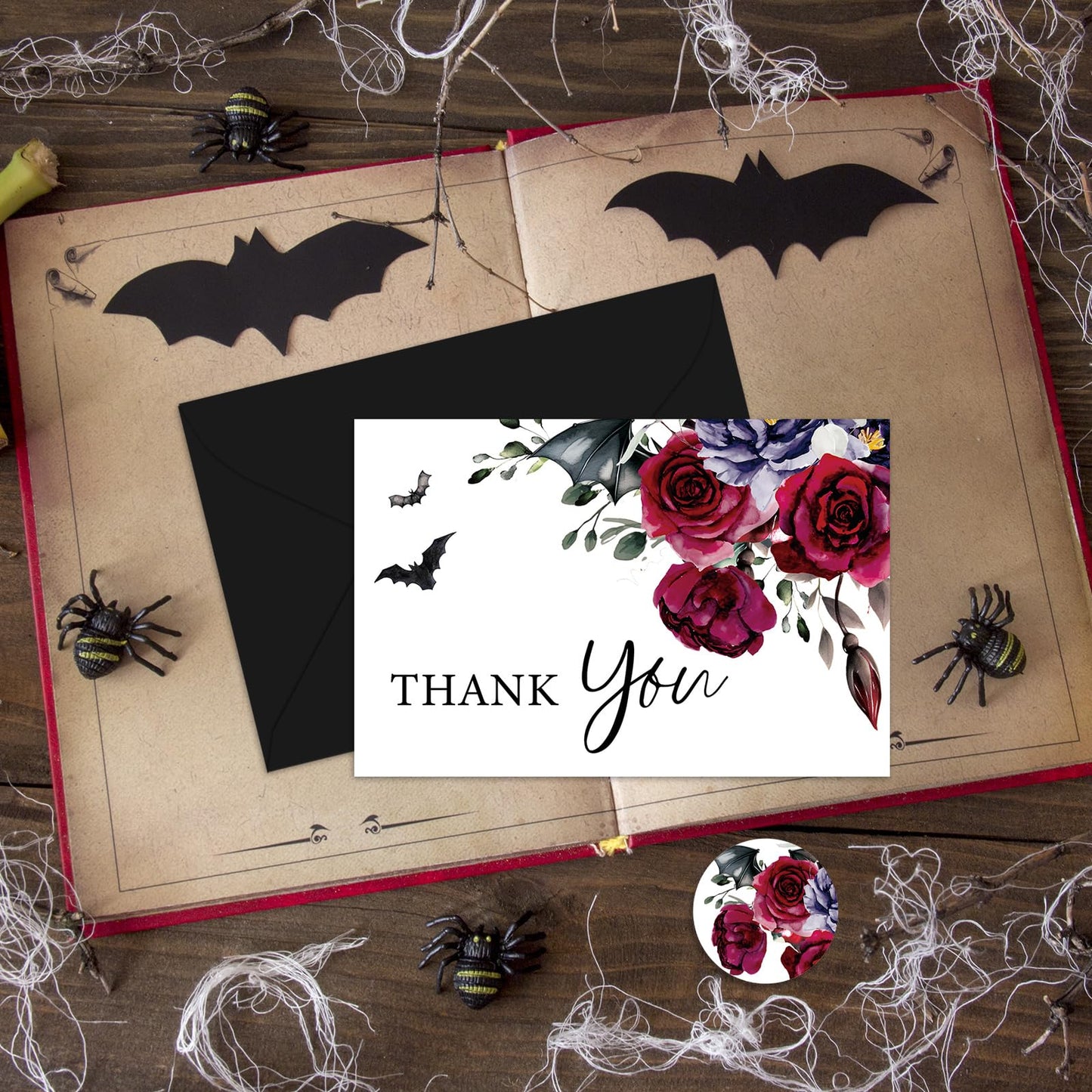 Whaline 36Pcs Halloween Thank You Cards with Envelopes Stickers Blood Red Flower Bat Greeting Cards Blank Note Card for Halloween Birthday Wedding Party Supplies
