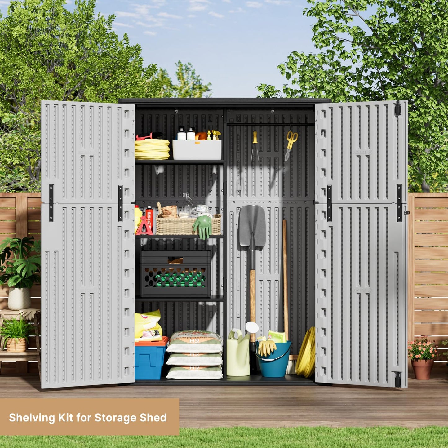 KINYING Outdoor Vertical Storage Shed,57 Cu.ft Outdoor Storage Cabinet Waterproof,Resin Sheds & Outdoor Storage Clearance for Garden,Patio,Backyard,Lockable (Grey)