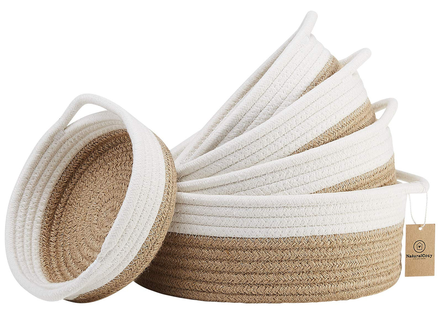 NaturalCozy 5-Piece Round Small Woven Baskets Set– Cotton Rope Baskets for Organizing! Montessori Toys, Fruits Remotes Key Tray Bowl for Entryway Desk, Shallow Catchall Home Décor, Cat Dog Bin Gift