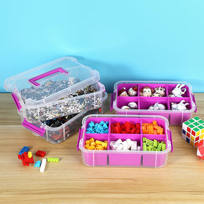JUXYES 4-Tiers Stack Carry Storage Box With 2 Divided Tray, Transparent Stackable Storage Bin With Handle Lid Latching Storage Container for School & Office Supplies, Purple